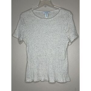 Vivoli Speckled‎ Ribbed Knit Short Sleeve Top Casual Basic Tee Cream Flecked L